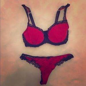 Red with black lace trim bra and panty set